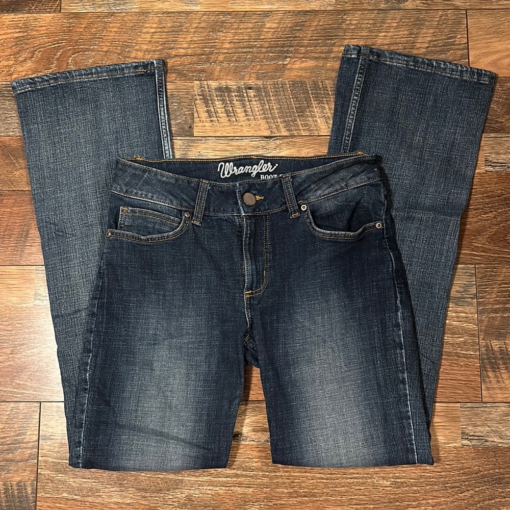 wrangler mae dark wash mid rise bootcut jeans